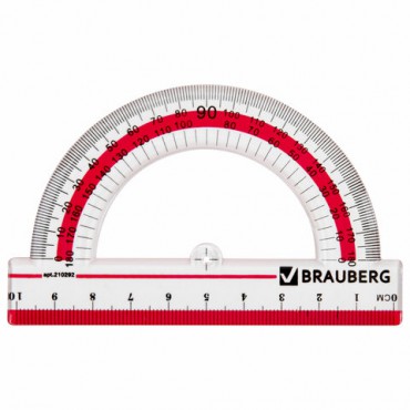 Транспортир 10 см, 180 градусов, пластиковый, BRAUBERG "Crystal", прозрачный, с выделенной шкалой, подвес, 210292