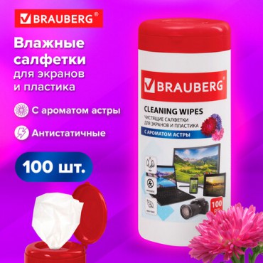 Салфетки для экранов всех типов и пластика BRAUBERG с ароматом "АСТРА", в тубе 100 шт., влажные, 511689