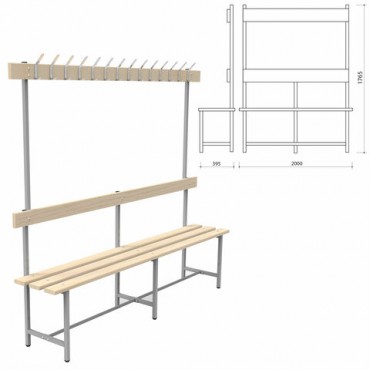 Скамья с вешалкой, спинкой "СВТ 6", 1765х2000х395 мм, 14 крючков, регулируемые опоры, каркас металлический серый, сиденье дерево