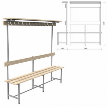 Скамья с вешалкой, спинкой и полкой "СВТ 9", 1760х2000х395 мм, 14 крючков, регулируемые опоры, каркас металлический серый, сиденье дерево