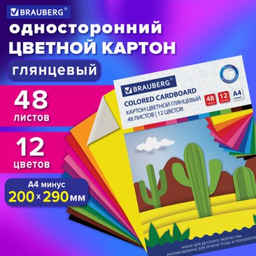 Картон цветной А4 МЕЛОВАННЫЙ, 48 листов, 12 цветов, склейка, BRAUBERG, 200х290 мм, 113552