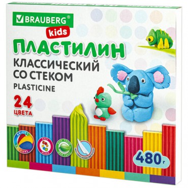 Пластилин классический BRAUBERG KIDS, 24 цвета, 480 грамм, стек, ВЫСШЕЕ КАЧЕСТВО, 106437