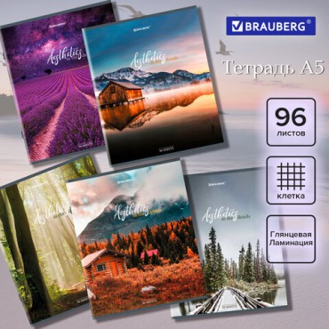 Тетрадь А5, 96 л., BRAUBERG, скоба, клетка, глянцевая ламинация, "Nature", 404427