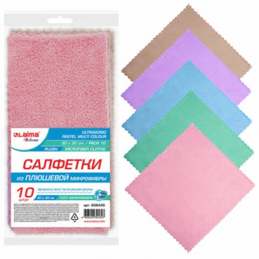 Салфетки из МИКРОФИБРЫ ПЛЮШЕВОЙ 30х30 см, КОМПЛЕКТ 10 шт., PASTEL, ассорти, 250 г/м2, LAIMA HOME, 608445